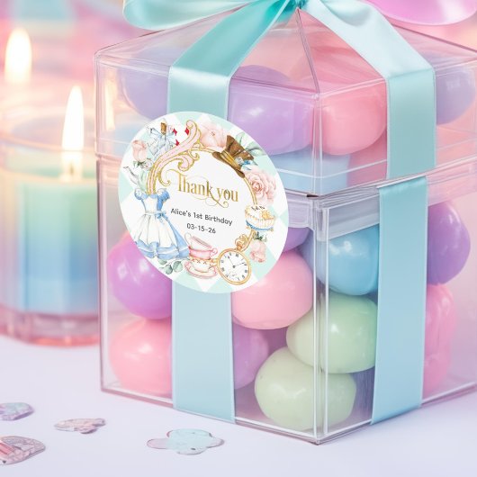 Sticker Rond Alice Onederland, Turquoise, fête d'anniversaire M