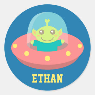 Sticker Rond Alien amical en vaisseau spatial, espace extra-atm