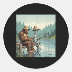 Sticker Rond Alien Bigfoot Pêche Sasquatch Pêcheur