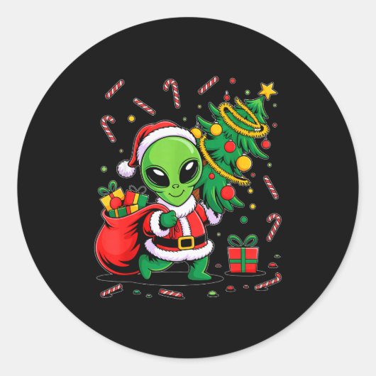 Sticker Rond Alien Christmas Tree Lights Xmas Funny Alien (Devant)