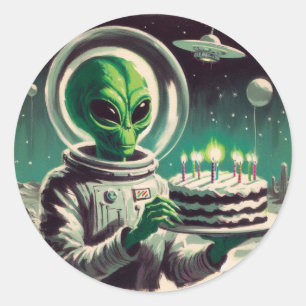 Sticker Rond Alien de l'espace avec gâteau d'anniversaire UFO S