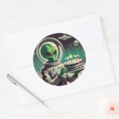 Sticker Rond Alien de l'espace avec gâteau d'anniversaire UFO S (Enveloppe)