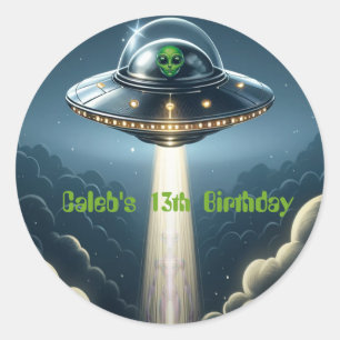Sticker Rond Alien enlèvement UFO Blue Clouds fête d'anniversai
