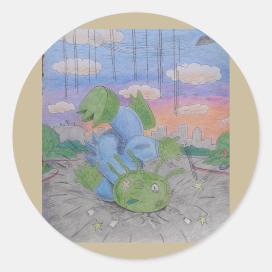 Sticker Rond Alien est tombé d'UFO s'est écrasé soucoupe volant (Devant)