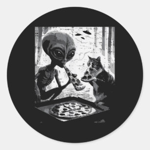 Sticker Rond Alien Et Chat Manger Pizza Drôle Snack Food Hommes