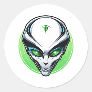 Sticker Rond Alien gris Tête de portrait vert Arrière - plan OV