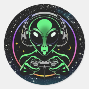 Sticker Rond Alien Lecture de jeux vidéo avec Arrière - plan ét