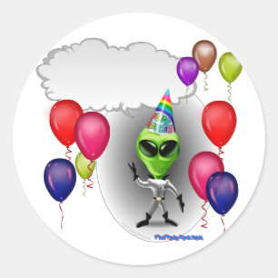 Sticker Rond Alien parlant de fête d'anniversaire