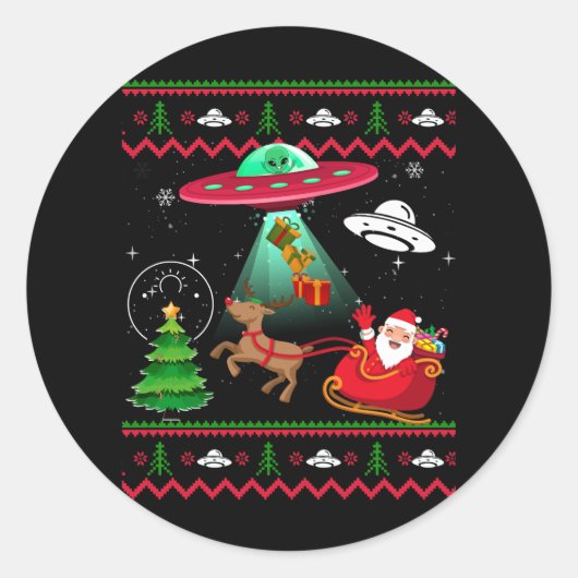 Sticker Rond Alien Père Noël UFO enlèvement laide pull de Noël (Devant)