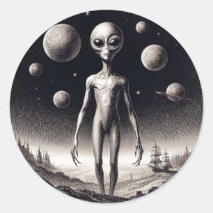 Sticker Rond Alien spatial en science-fiction Illustration Clas