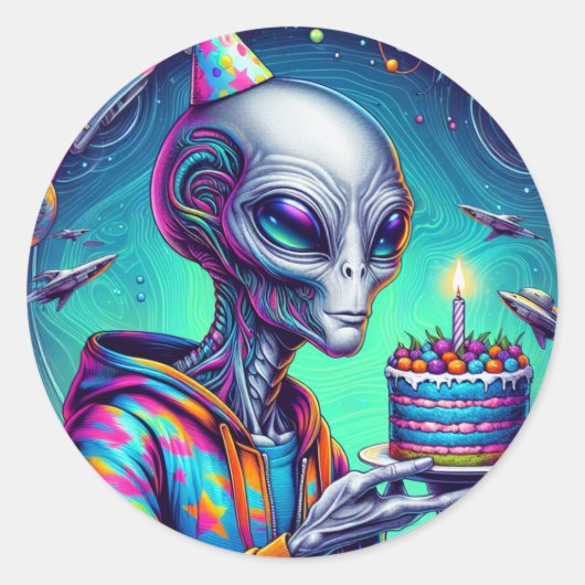 Sticker Rond Alien tenant Birthday Cake (Devant)
