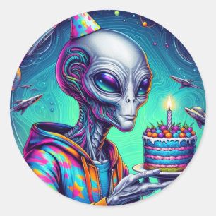 Sticker Rond Alien tenant Birthday Cake