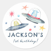 Sticker Rond Aliens de l'espace Planètes & Commence 1ère fête d (Devant)