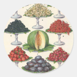 Sticker Rond Aliments vintages Fruits assortés sur plateaux pou