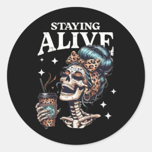 Sticker Rond Alive Skeleton Halloween Leopard Messy Bun Femmes