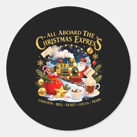Sticker Rond All Aboard The Christmas Express Train Santa Holid (Devant)