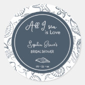Sticker Rond All I Sea is Love Navy Blue Seashells Doodles  (Devant)