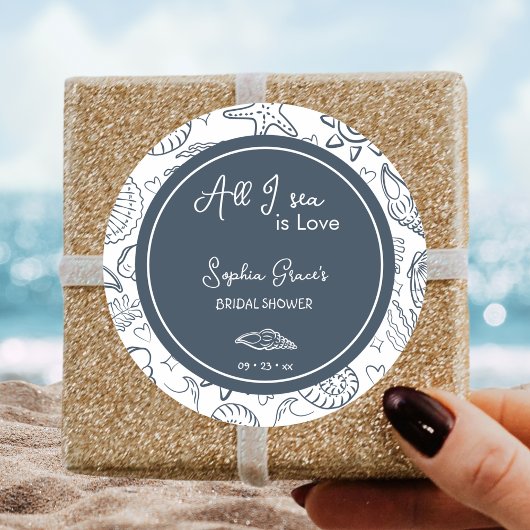 Sticker Rond All I Sea is Love Navy Blue Seashells Doodles 