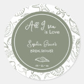 Sticker Rond All I Sea is Love Sage Green Seashells Doodles  (Devant)