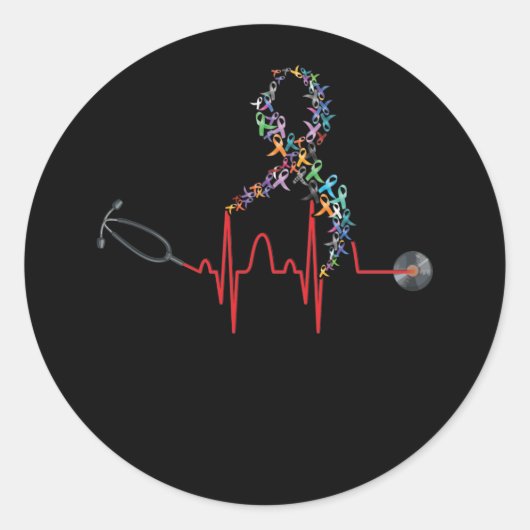 Sticker Rond All Ribbon Cancer Awareness Day Heartbeat (Devant)