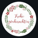 Sticker Rond Allemand Merry Christmas Wreath, Frohe Weihnachten<br><div class="desc">Vacances de Noël vert et rouge autocollants design de couronnes pour décorer les cadeaux et les enveloppes,  avec les mots Joyeux Noël en allemand : Frohe Weihnachten</div>
