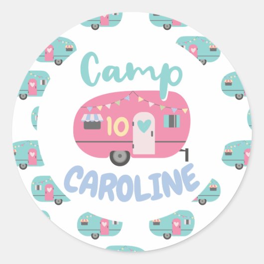 Sticker Rond Allons-y Glamping Girly Camp Nom fête d'anniversai (Devant)