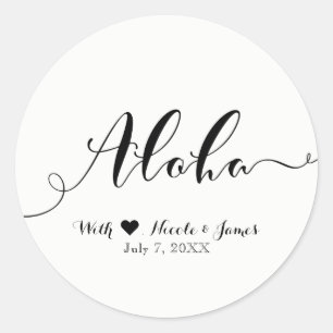 Sticker Rond ALOHA Écriture Noire Chic Hawaïen Luau Blanc Favor