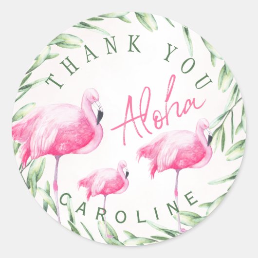 Sticker Rond Aloha flamants roses tropicale couronne merci (Devant)