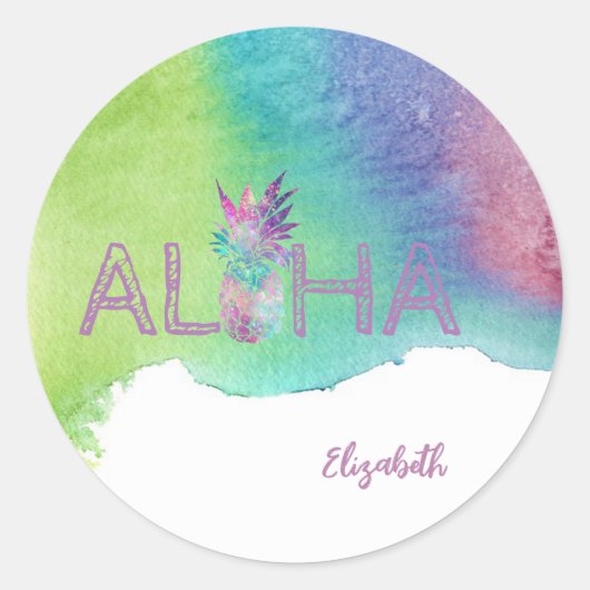 Sticker Rond Aloha Hawaiian Ananas, Aquarelle (Devant)