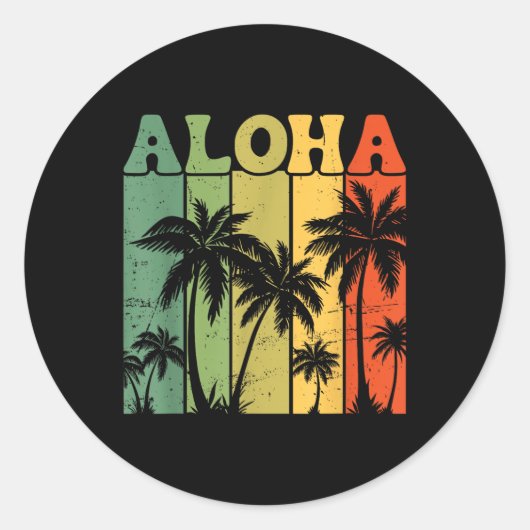 Sticker Rond Aloha Hawaiian Island Palm Trees Surfboard Beach H (Devant)