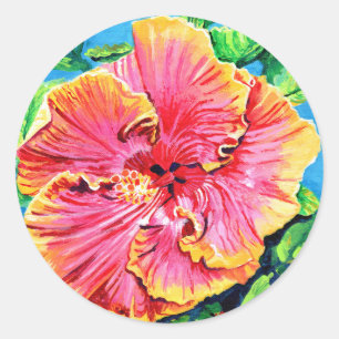 Sticker Rond Aloha Hibiscus Rouge rose Fleur Hawaïenne