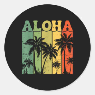 Sticker Rond Aloha îles hawaïennes palmiers planche de surf pla
