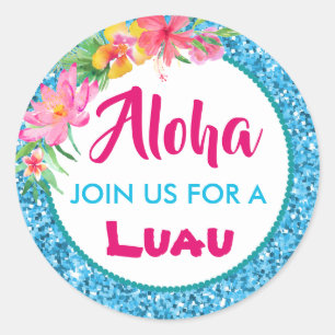 Sticker Rond Aloha Luau Bleu Paillettes Tropical Hibiscus Class