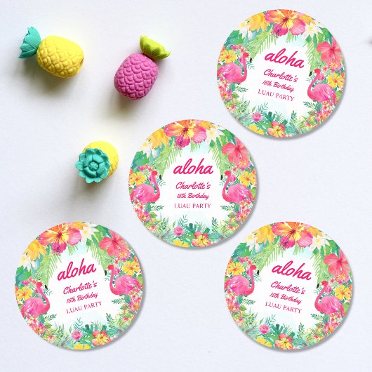 Sticker Rond Aloha Luau Flamant rose rose tropical fête d'anniv