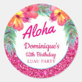 Sticker Rond Aloha Luau Paillettes Roses Tropical Hibiscus (Devant)