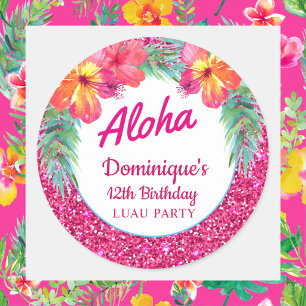 Sticker Rond Aloha Luau Rose Pailletée Fleurs d'Hibiscus Tropic