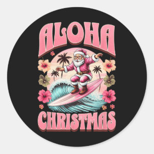 Sticker Rond Aloha Noël Père Noël Surfant Hawaïen Mele