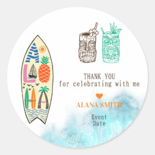 Sticker Rond Aloha TIKI Surfboard Tropical Luau Hawaiian Party