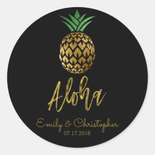 Sticker Rond Aloha Tropical Hawaiian Pineapple Mariage Black