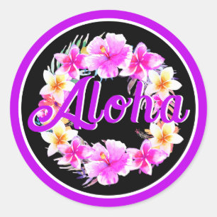 Sticker Rond Aloha Tropical Luau Anniversaire Néon Violet