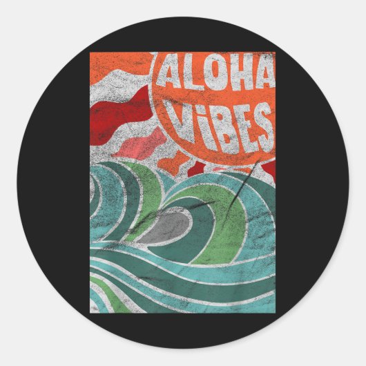 Sticker Rond Aloha Vibes Hawaii Sunset Waves (Devant)