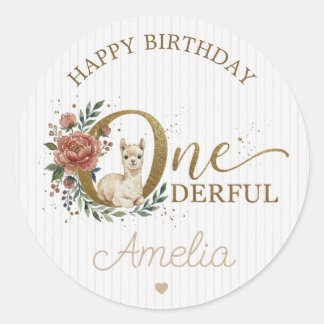 Sticker Rond Alpaca 1er anniversaire aquarelle fleur rose