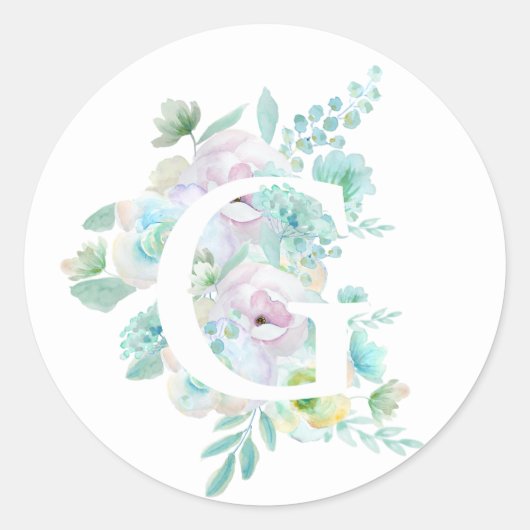 Sticker Rond alphabet botanique G fleurs vertes et violettes (Devant)