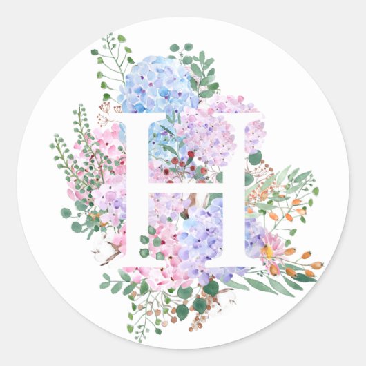 Sticker Rond alphabet botanique H hydrangea fleurs (Devant)