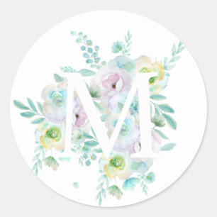 Sticker Rond alphabet botanique M fleurs vertes et violettes