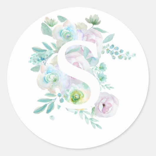 Sticker Rond alphabet botanique S fleurs vertes et violettes (Devant)