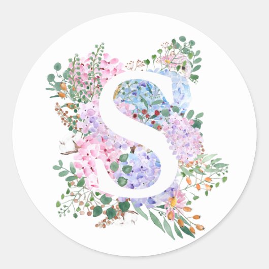 Sticker Rond alphabet botanique S hydrangea fleurs (Devant)