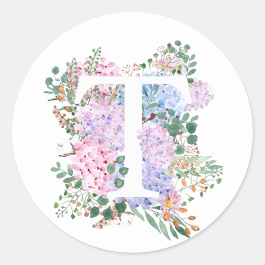 Sticker Rond alphabet botanique T hydrangea fleurs (Devant)
