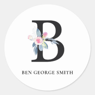 STICKER ROND ALPHABÈTES FLORAUX BLEUS DOUX NOM LETTRE B