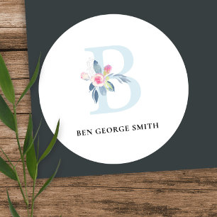 STICKER ROND ALPHABÈTES FLORAUX BLEUS DOUX NOM LETTRE B